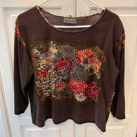 Jane Ashley Brown Long Sleeve Shirt Women’s Size Large Beaded Decor - Picture 1 of 5